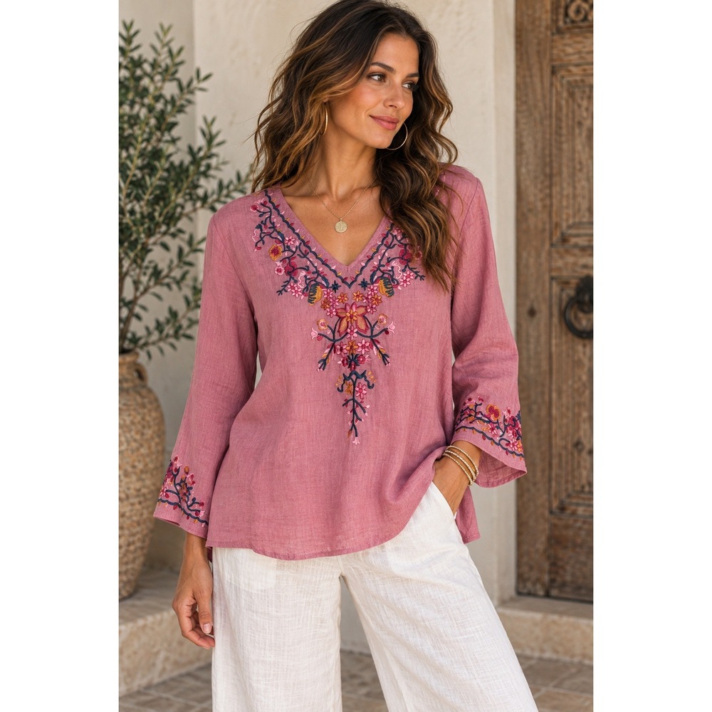 100% Linen Embroidered Blouse Solitaire Pink Floral Boho Tunic Top